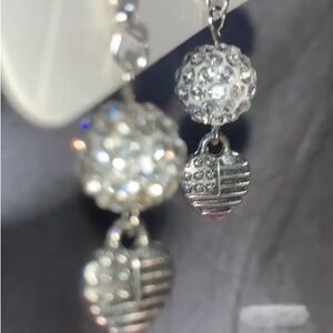 Silver Heart with Glittery Disco Ball Drop Dangle Pierced Earrings Made in USA